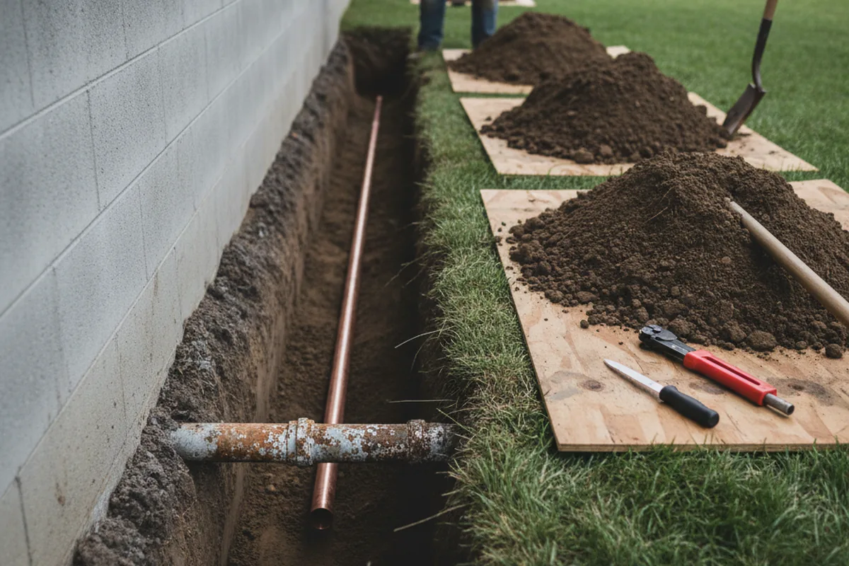 Excavated water line trench during Water Softener Installation in Colcord